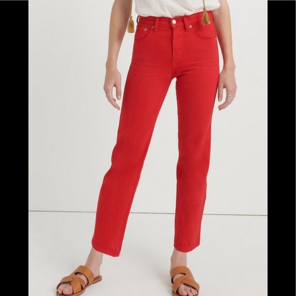 Cherry Red Authentic Straight Crop Jeans